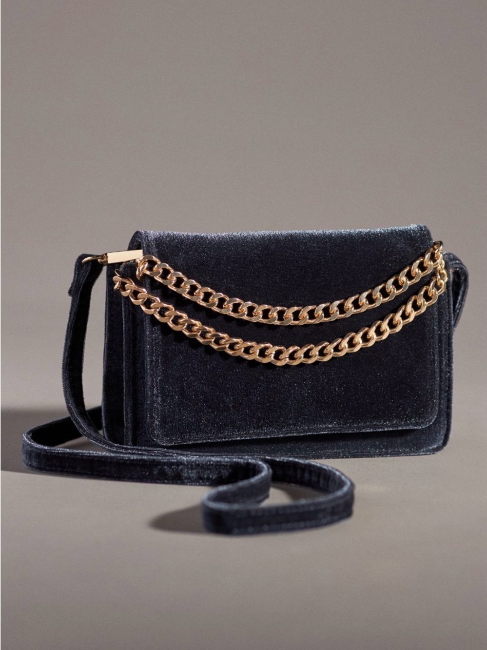 Anthropologie Navy Blue Velvet Crossbody Bag with Gold Chain NWT